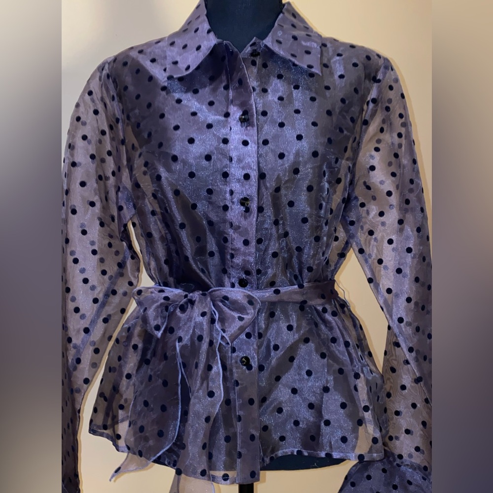 NWOT JS BOUTIQUE GRAY W/ BLACK POLKADOTS SHEER BLOUSE SZ 14